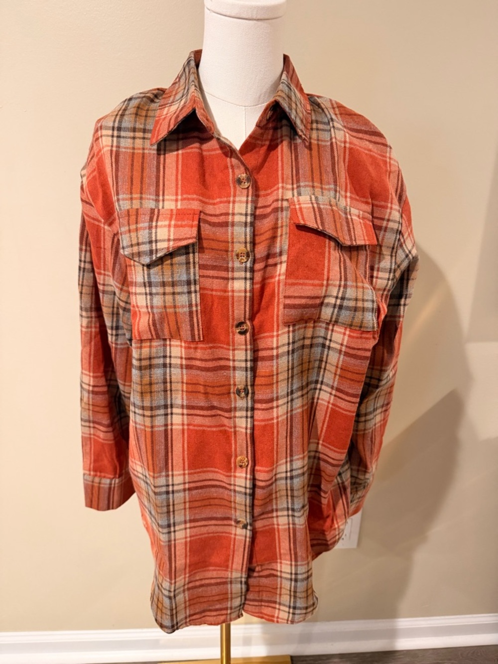Kohl's Orange Plaid Button-Down Shirt - Picture 2 of 7